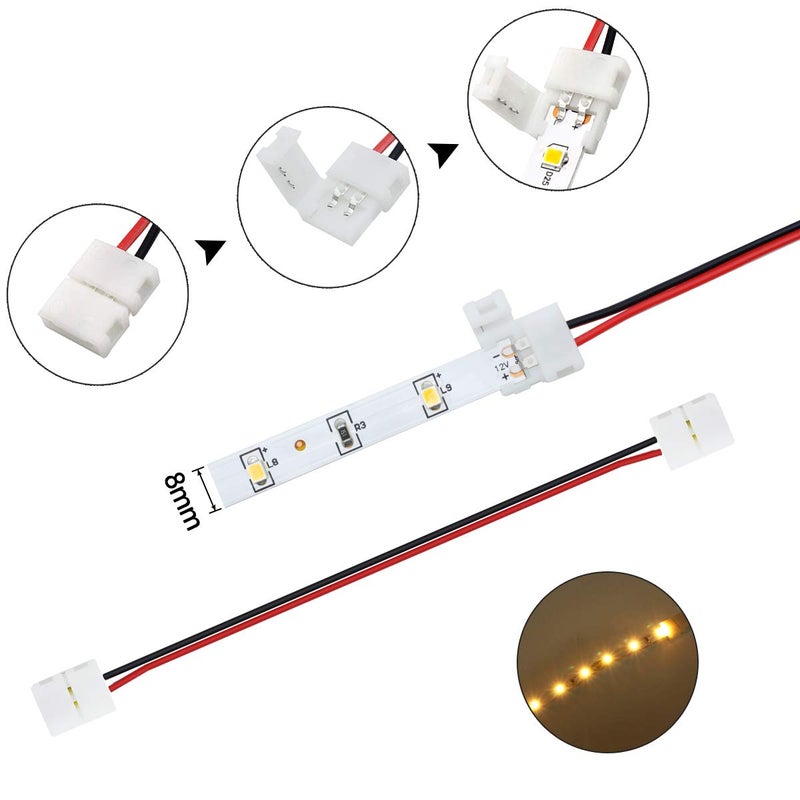 LightingWill 10pcs/Pack Strip to Strip with Wire Solderless Snap Down 2Pin Conductor LED Strip Connector for 8mm Wide 3528 2835 Single Color Flex LED Strips - Image 2